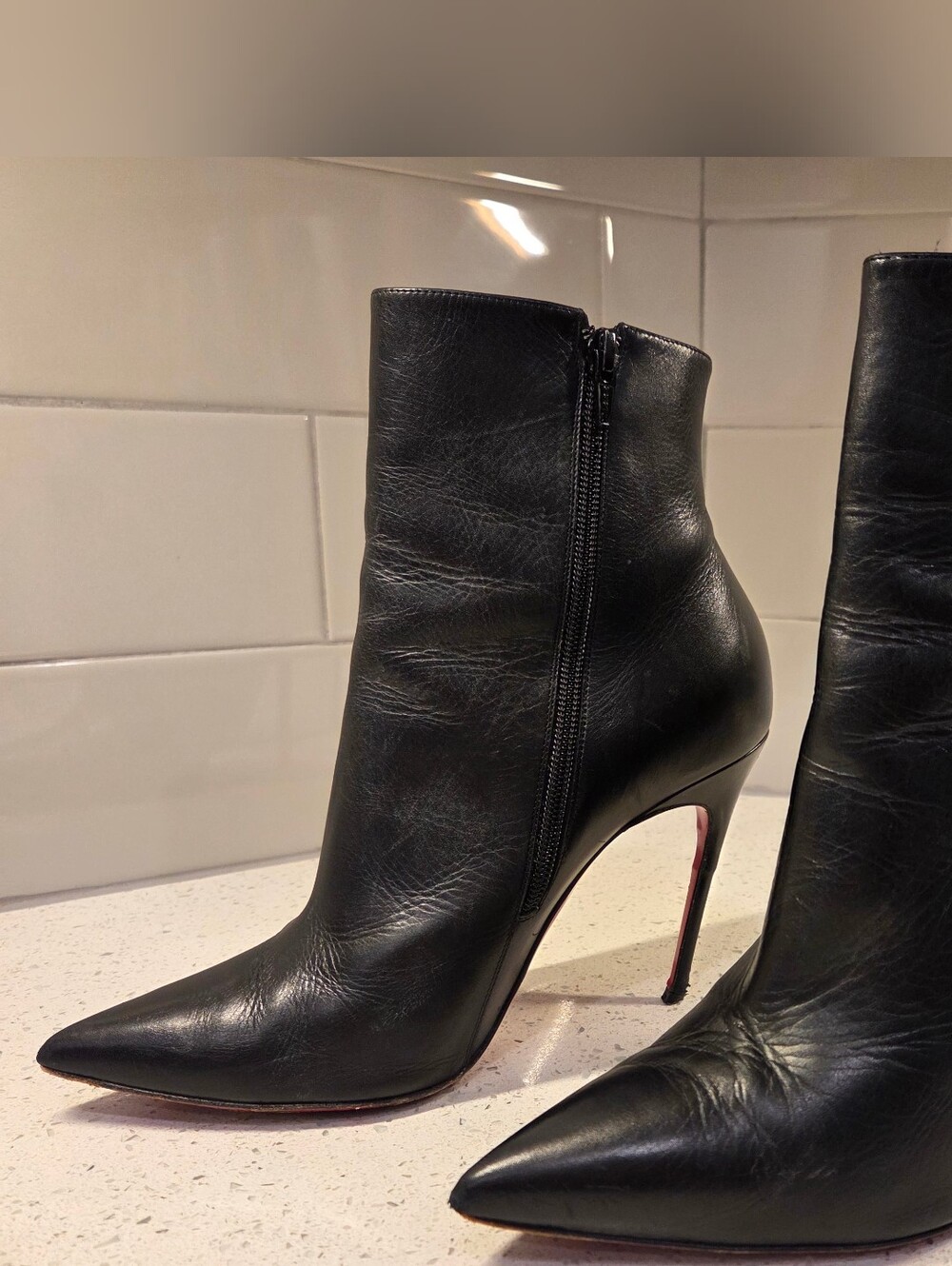 Christian Louboutin So Kate Black Leather Pointed Toe Zip Booties EU 39.5